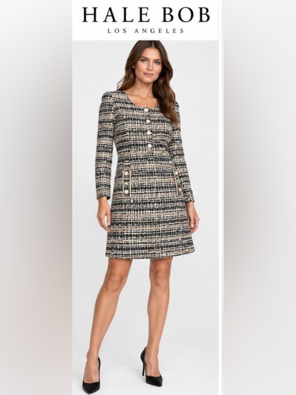 Hale Bob Maxine Bouclé Tweed Dress S Black Gold Pearl Buttons NWOT